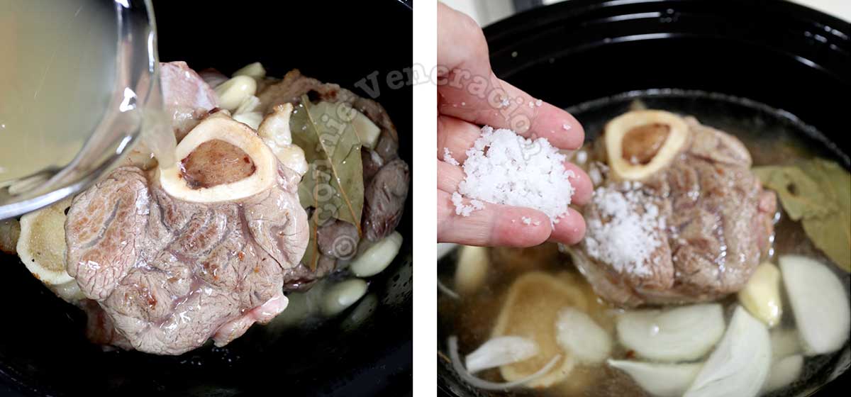 Adding broth and seasonings to browned beef shank in slow cooker