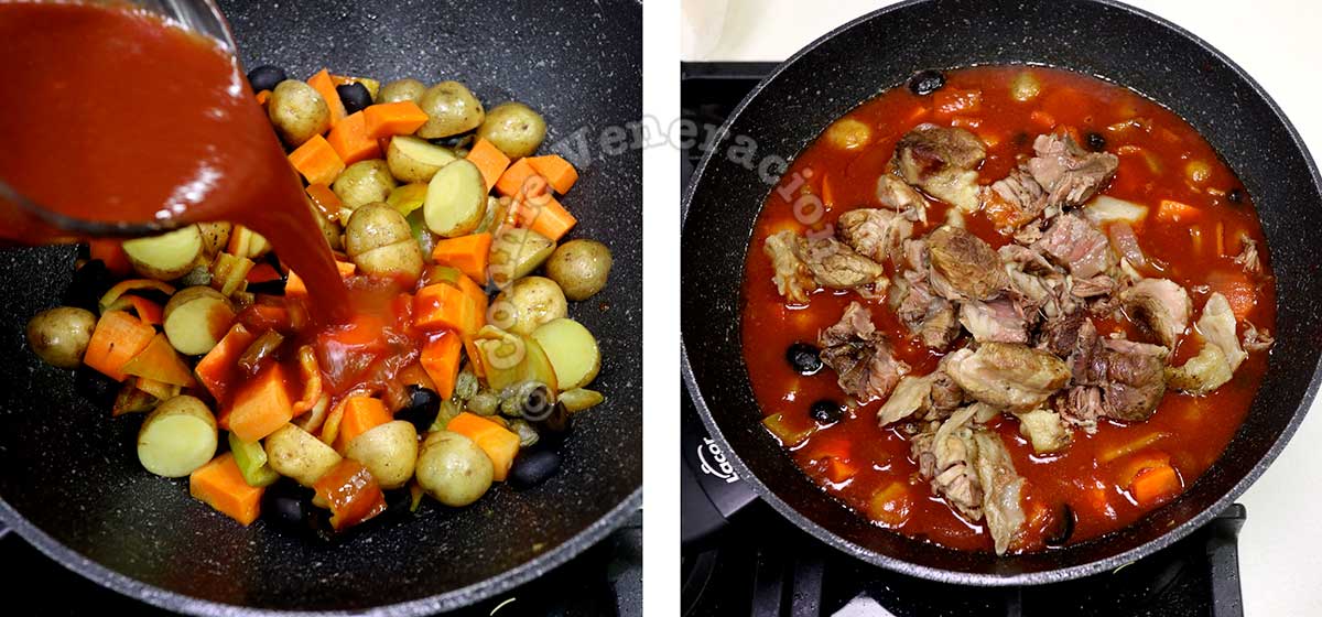 Adding tomato sauce and chunks of cooked beef shank to vegetables in pan
