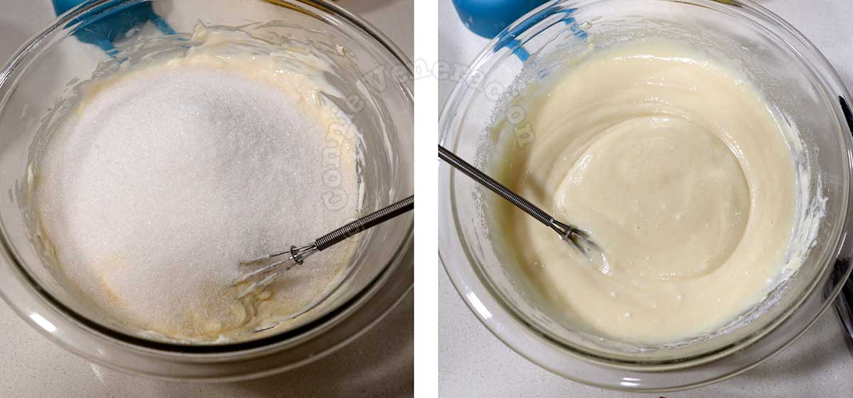 Adding sugar to whisked cream cheese and egg