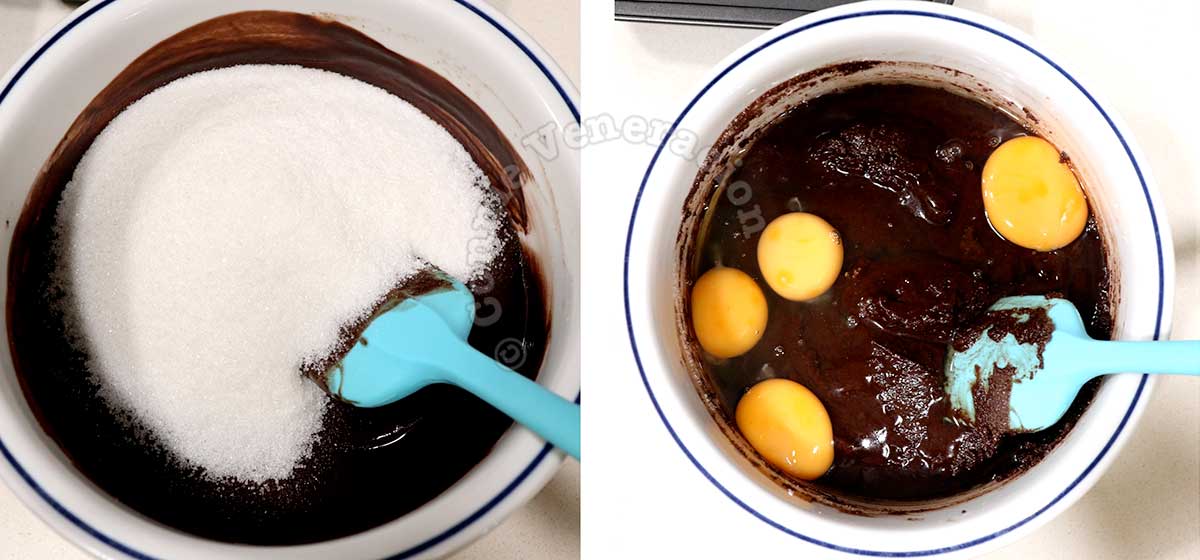 Adding sugar and eggs to melted chocolate and butter
