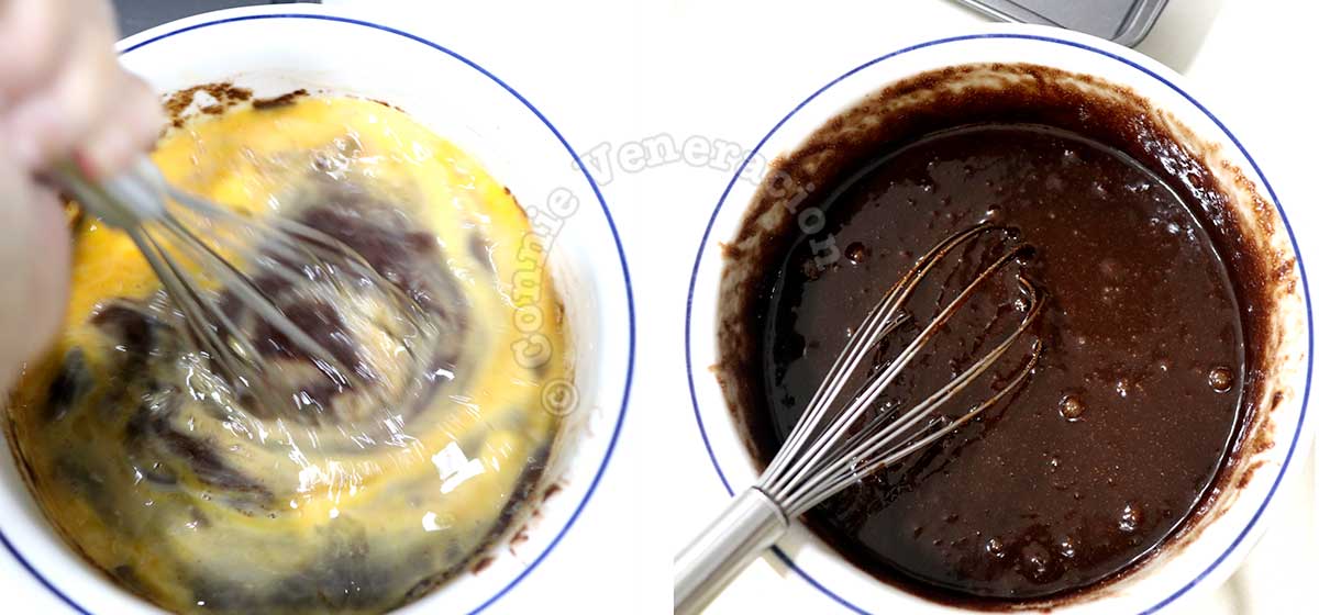 Mixing eggs into melted chocolate and butter