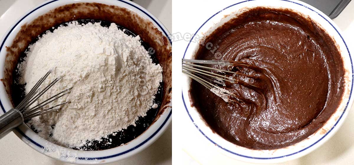 Adding flour to chocolate mixture
