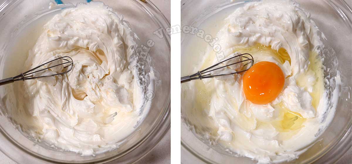 Adding egg to whisked cream cheese