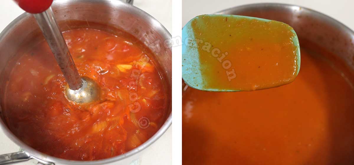 Pureeing tomato soup with immersion blender