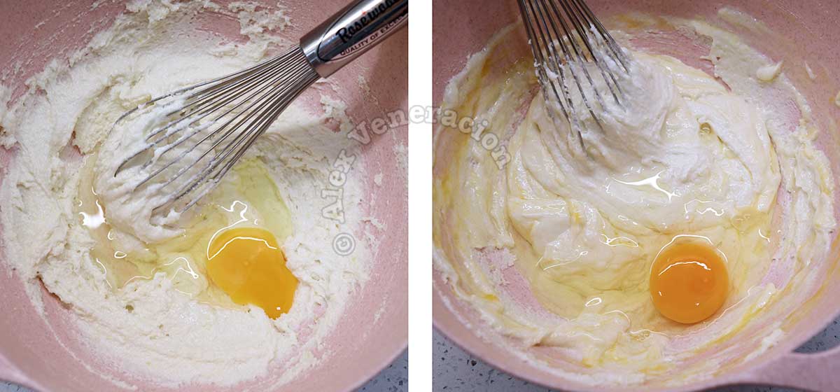 Mixing eggs into flour, sugar and mascarpone mixture