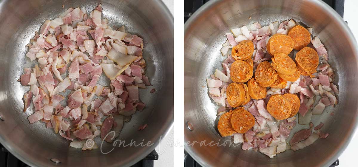 Rendering fat from bacon and sausages in pan