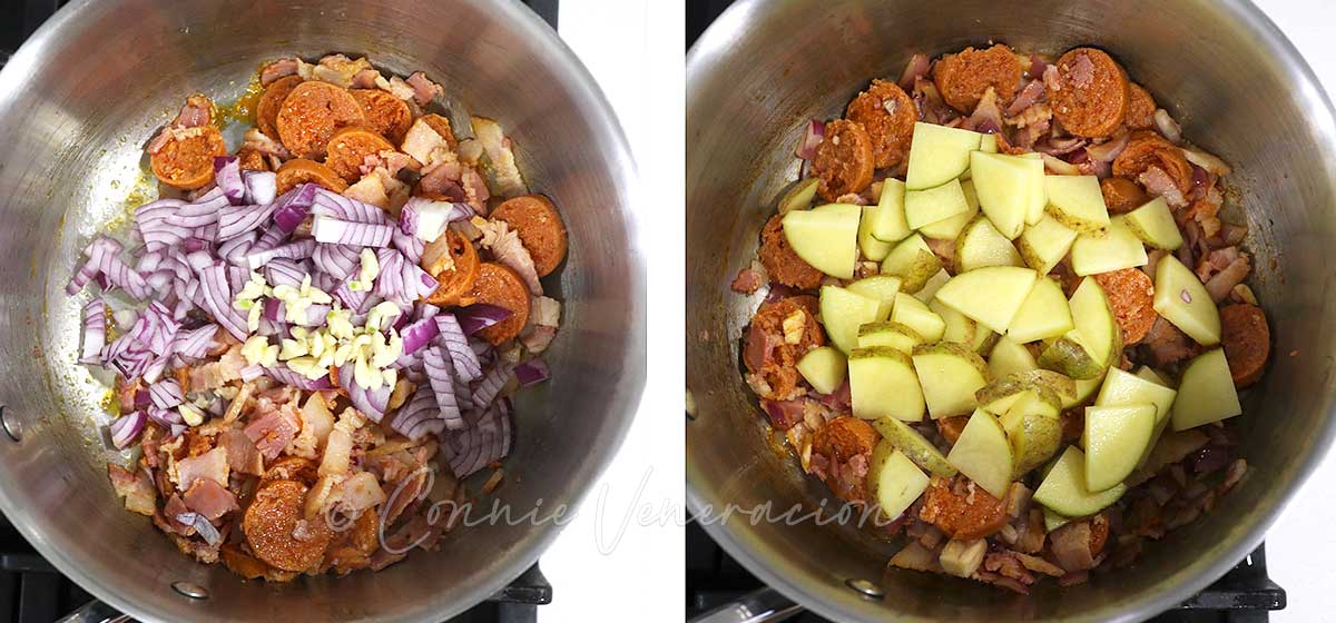 Adding chopped onion, garlic and potato slices to browned bacon and sausage in pan