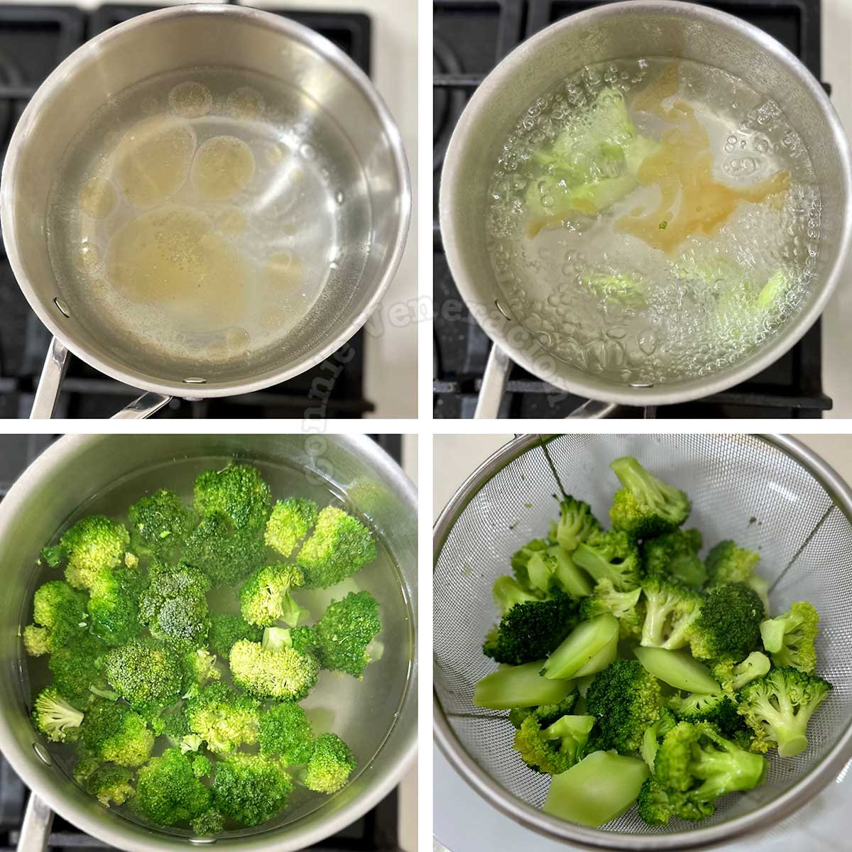 Blanching broccoli in water with salt and sesame seed oil