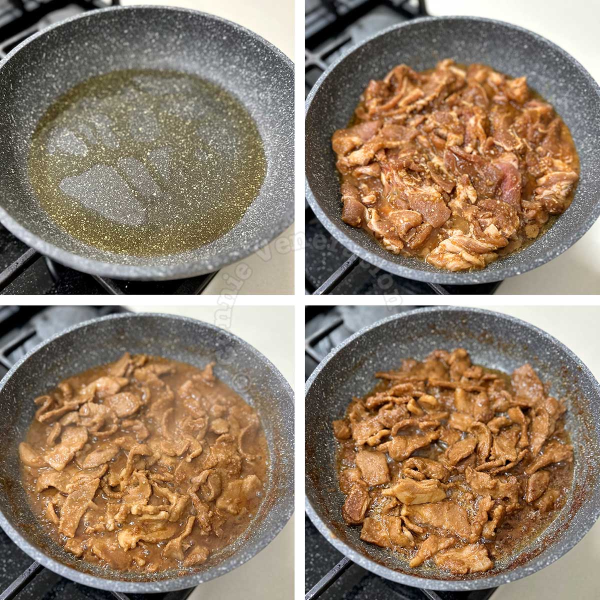 Frying marinated pork in sesame seed oil