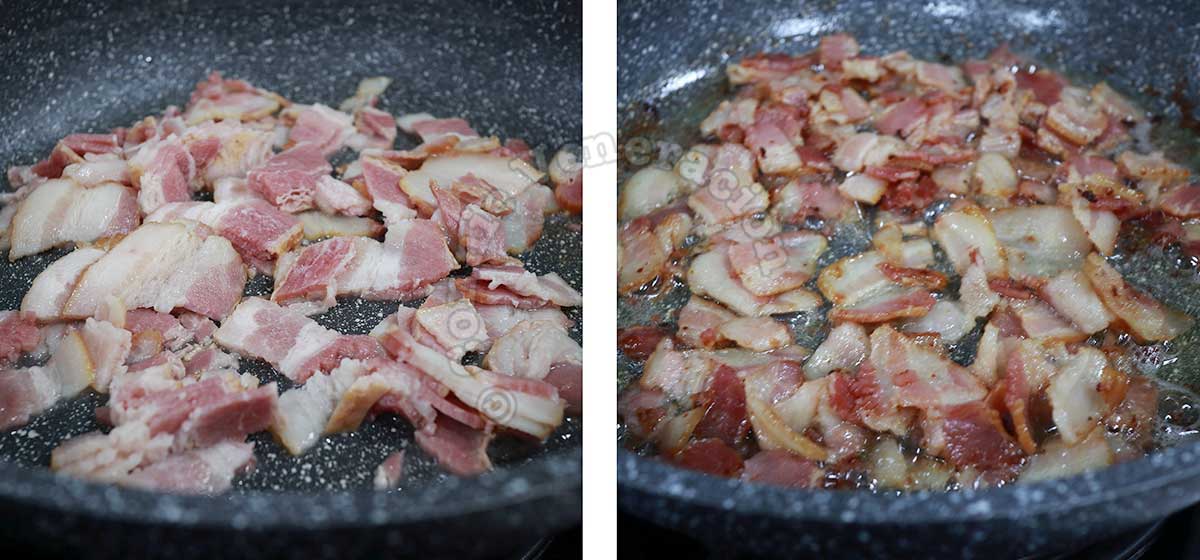 Cooking cut up bacon in frying pan