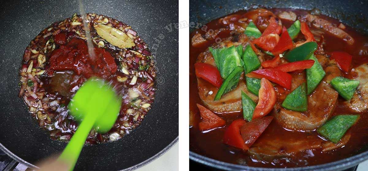 Pouring broth in pan with sauteed vegetables before adding beef tongue slices and bell peppers