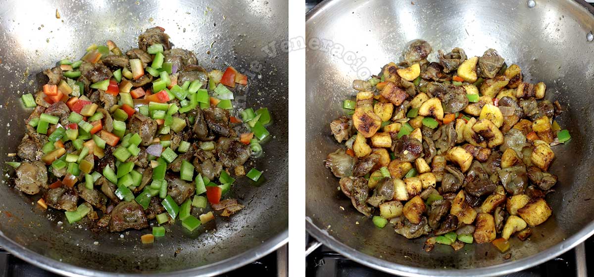 Adding bell peppers and cubes of fried saba banana to gizzards in wok