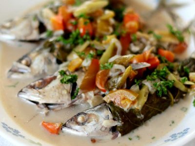 Chinese broccoli-wrapped mackerel in coconut milk