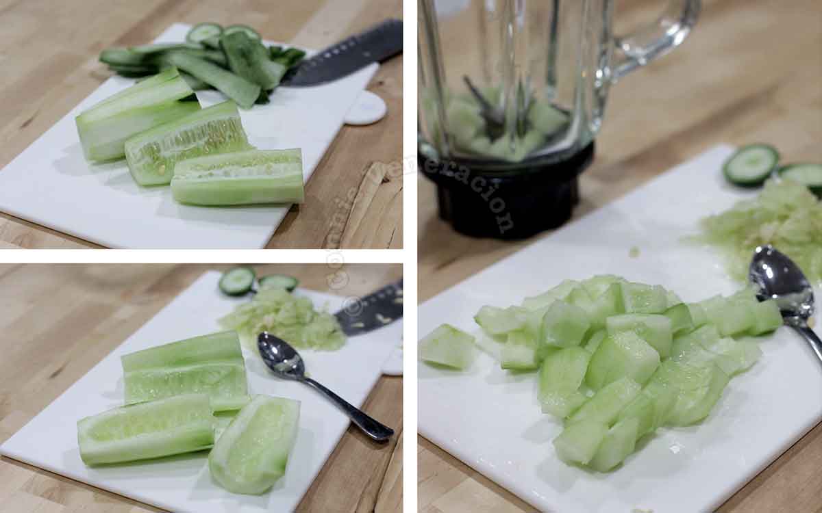 Scraping seeds off peeled cucumbers
