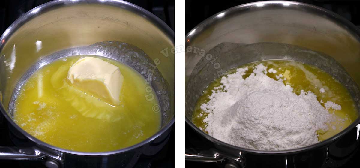 Melting butter and adding flour to make roux