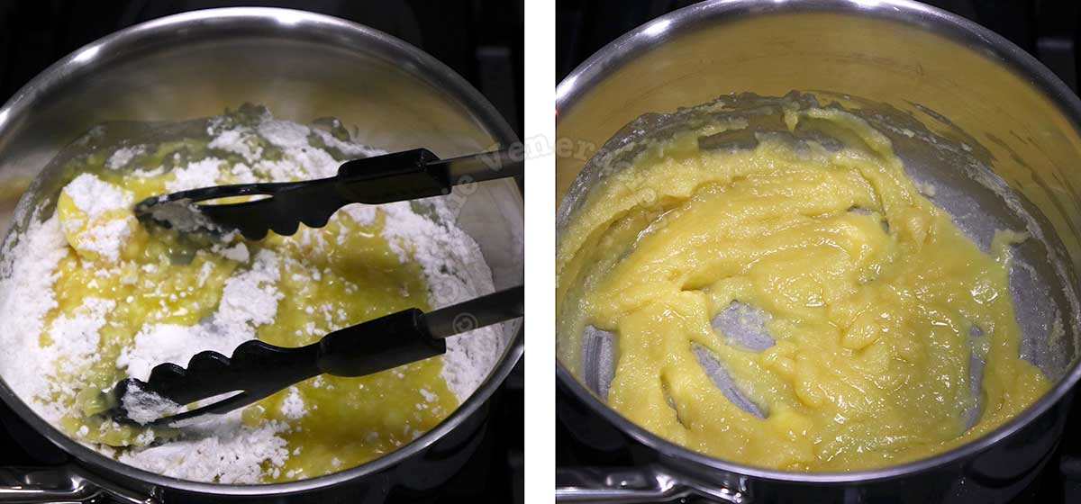 Mixing melted butter and flour to make roux