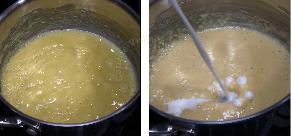 Adding milk to roux to make Bechamel sauce