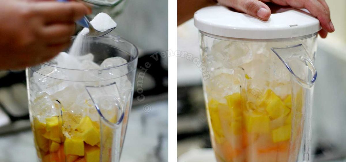 Adding ice and sugar to mango and melon in blender
