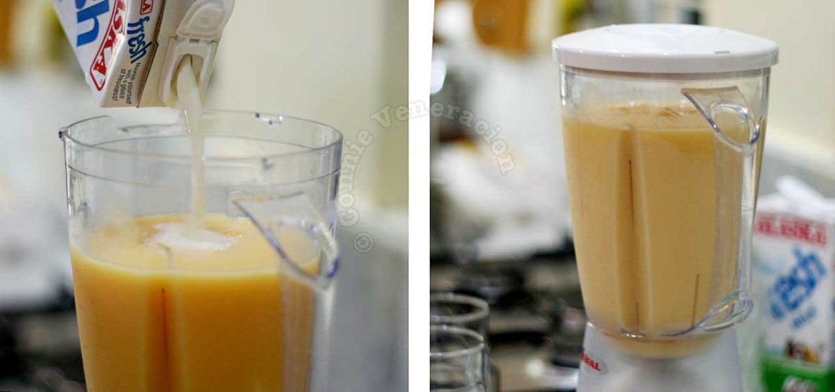 Adding milk to mango and melon in blender