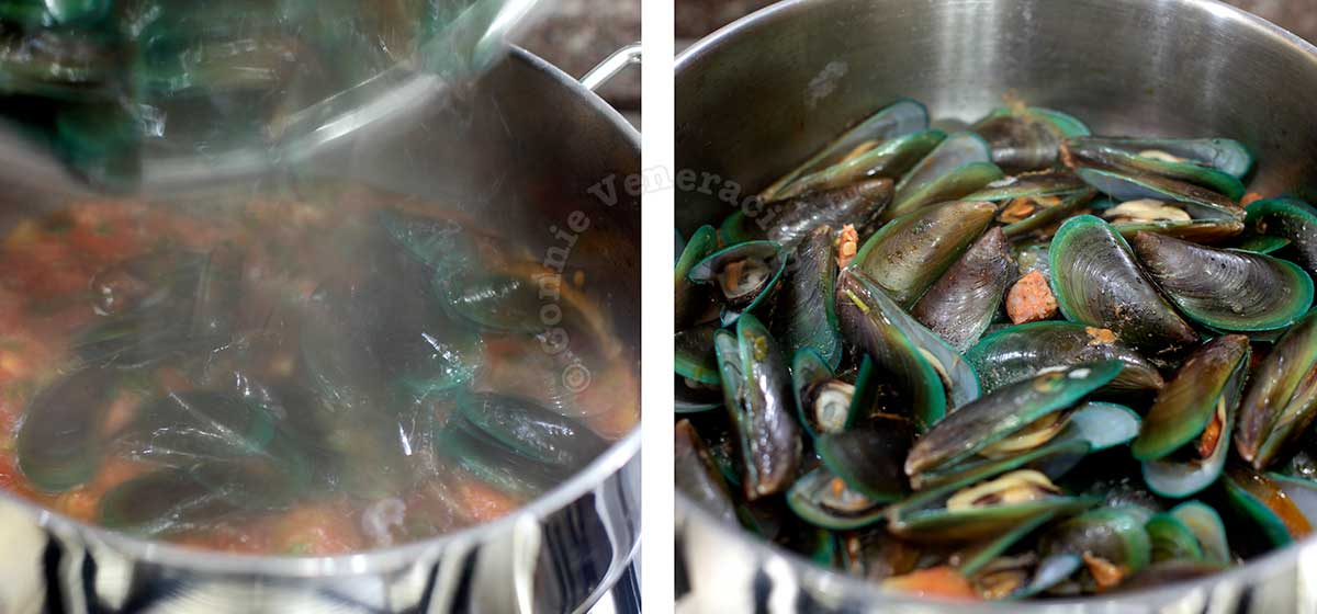 Adding debearded mussels to chorizo and ginger ale in pan