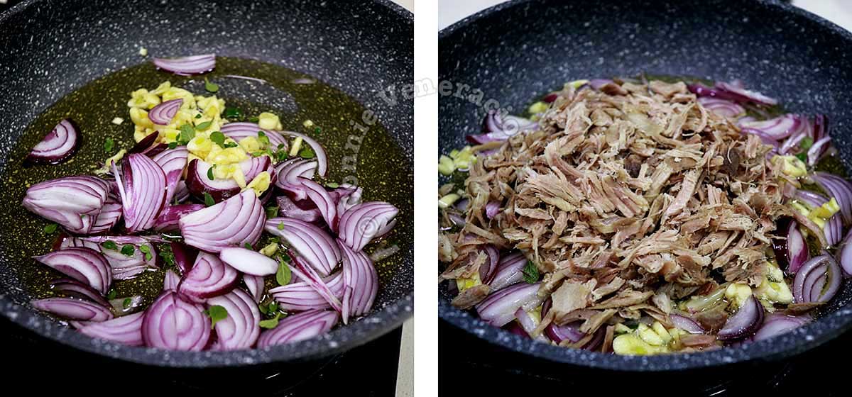 Cooking pulled pork with sliced shallots and garlic