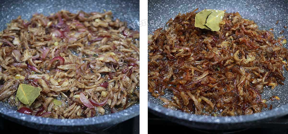 Gently frying pulled pork in adobo sauce until browned