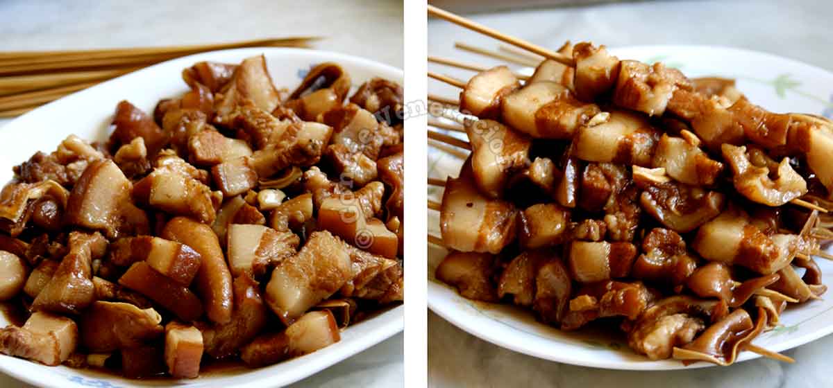 Braised pork ears cut into cubes and skewered