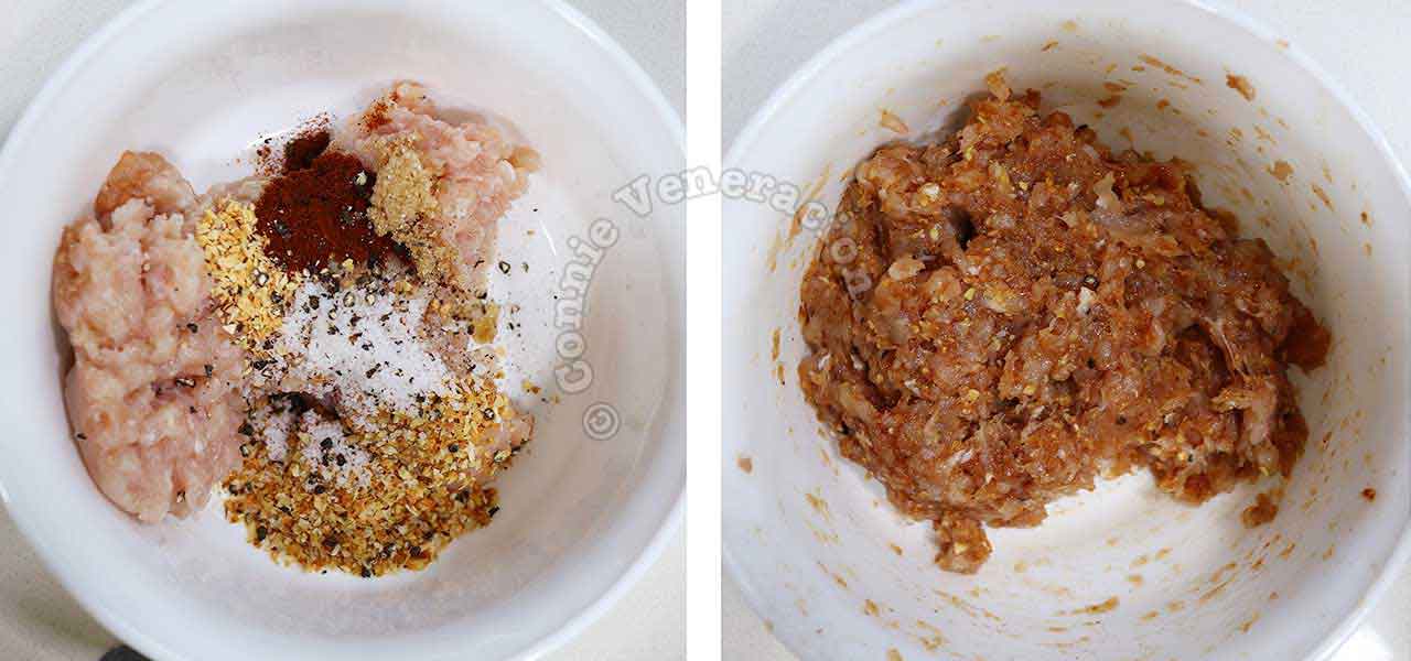 Ground chicken meat, spices and seasonings to make skinless longganisa