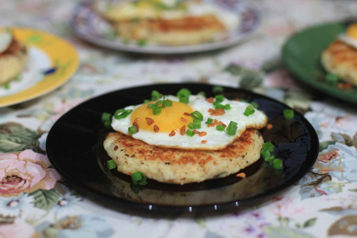 Tinapang bangus (smoked milkfish) and mashed potato pancakes topped with egg