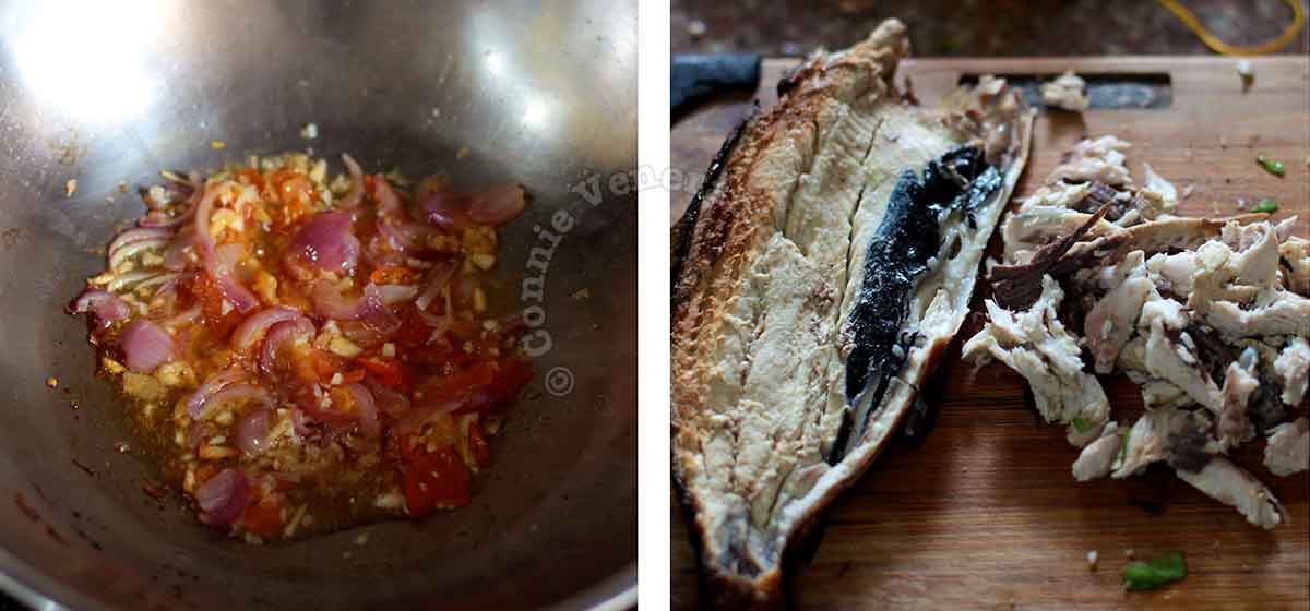 Sauteeing aromatics while flaking tinapang bangus (smoked milkfish)