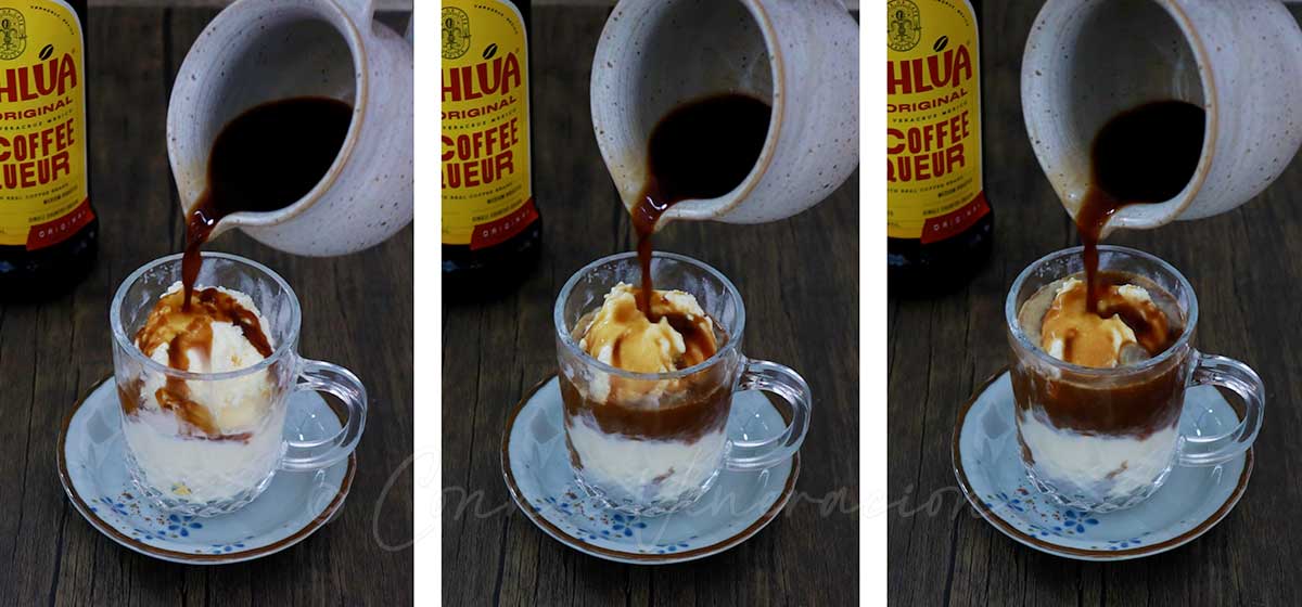 Pouring coffee and Kahlua over ice cream to make affogato
