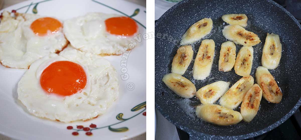 Fried eggs and sliced saba bananas