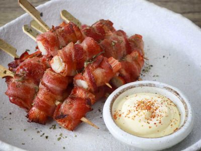 Bacon-wrapped kani (imitation crab sticks) with Japanese mayo