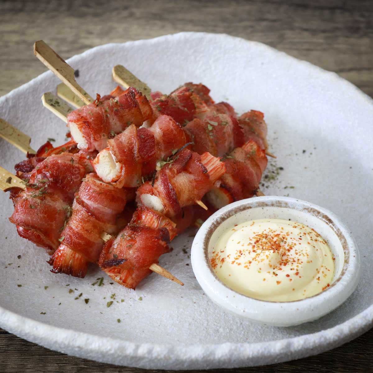 Bacon-wrapped kani (imitation crab sticks) with Japanese mayo