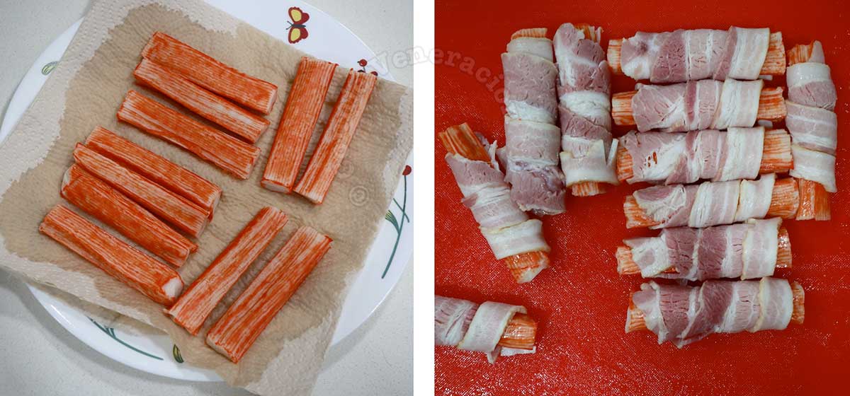 Drying kani (crab sticks) on paper towels before wrapping with belly bacon