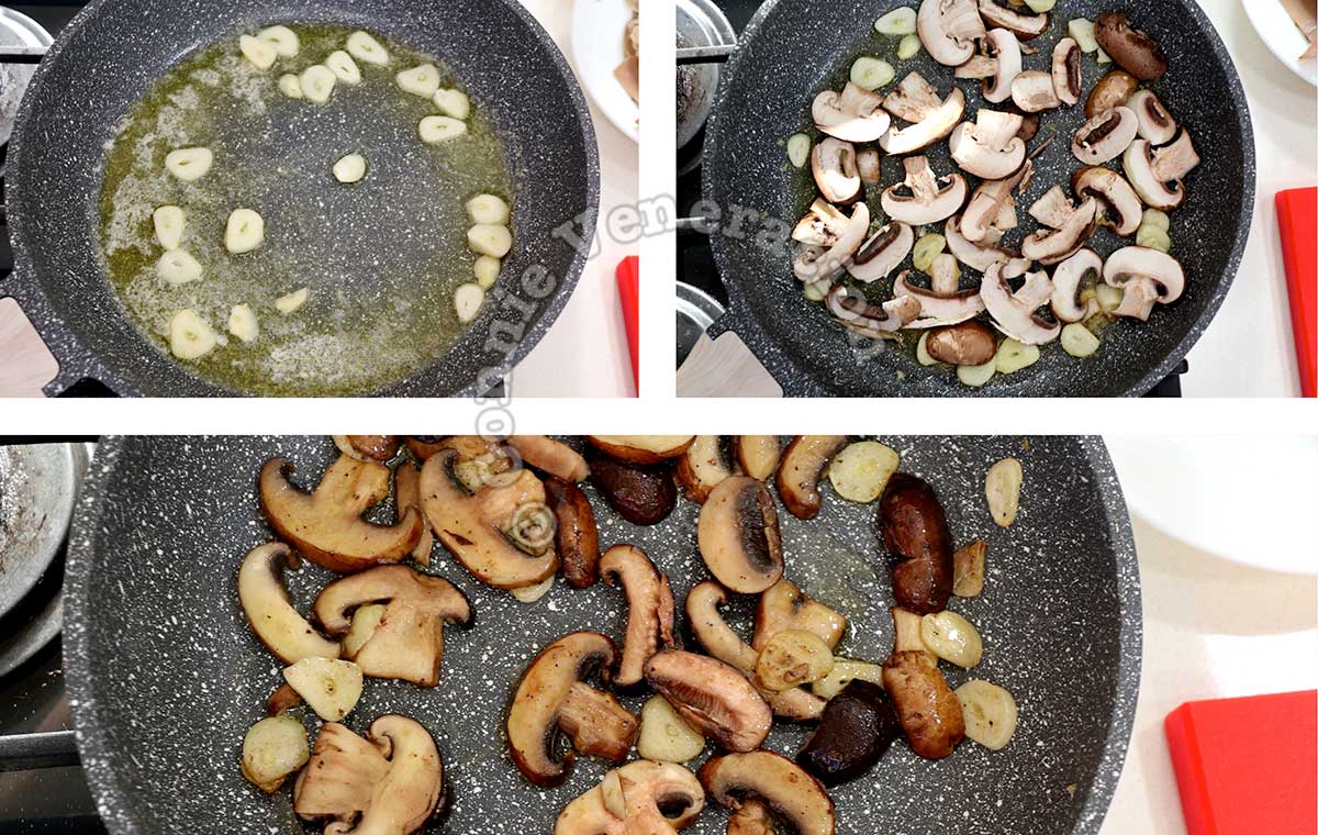 Sauteeing garlic and sliced mushrooms in butter