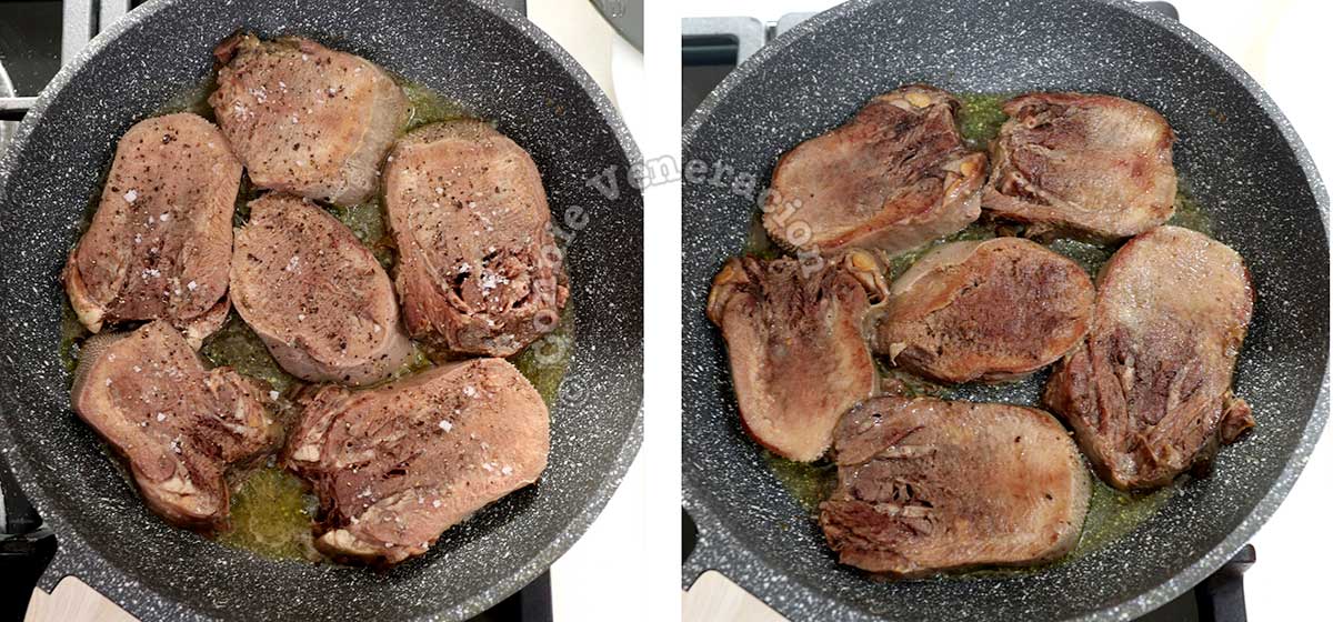 Browning beef tongue slices in butter