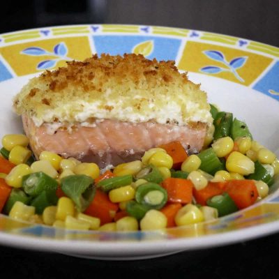 Cheesy baked salmon with crispy crumb topping a la Conti's