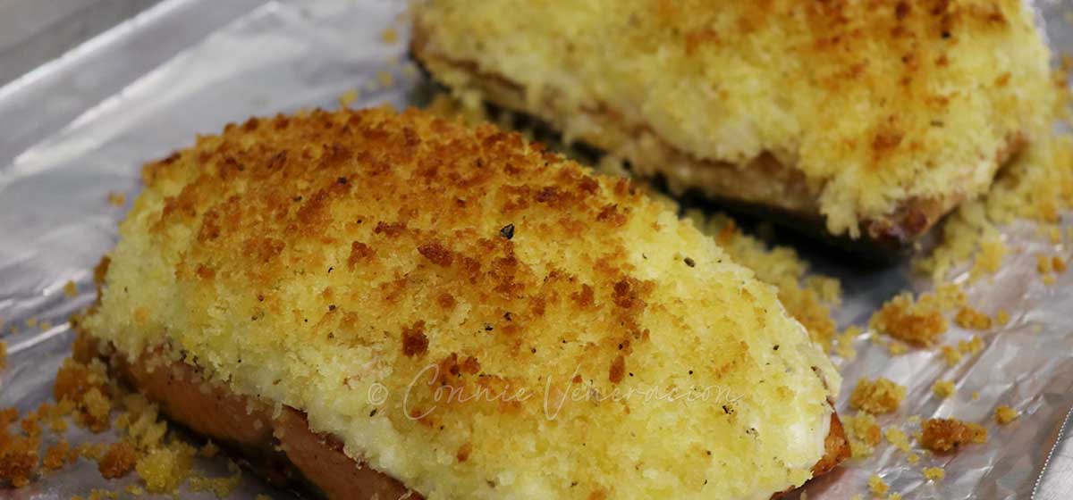 Baked salmon with cream cheese and crispy panko topping