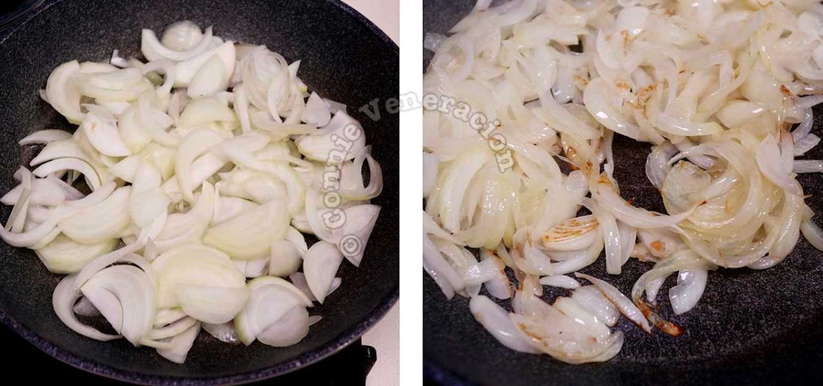 Softening onion slices in pan