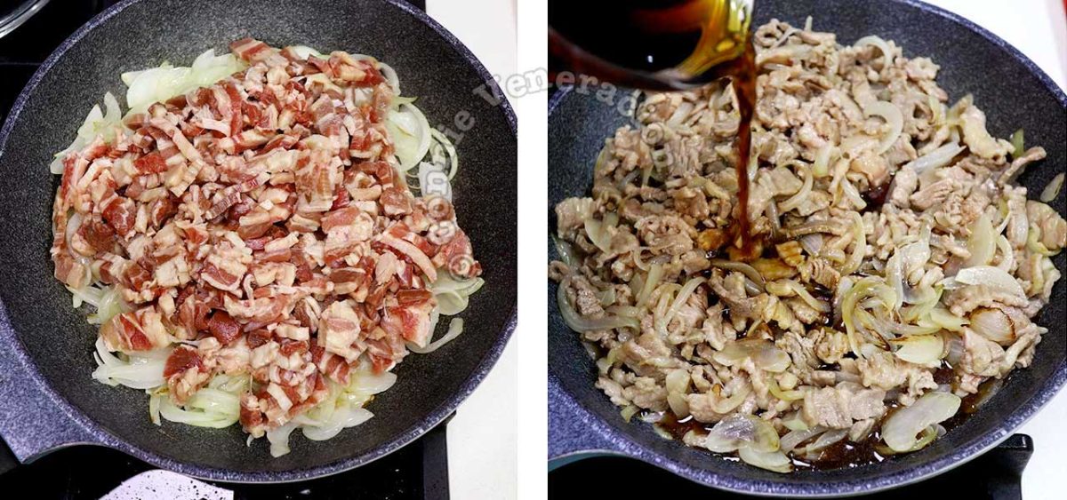 Adding beef and seasonings to softened onion in pan to cook gyudon