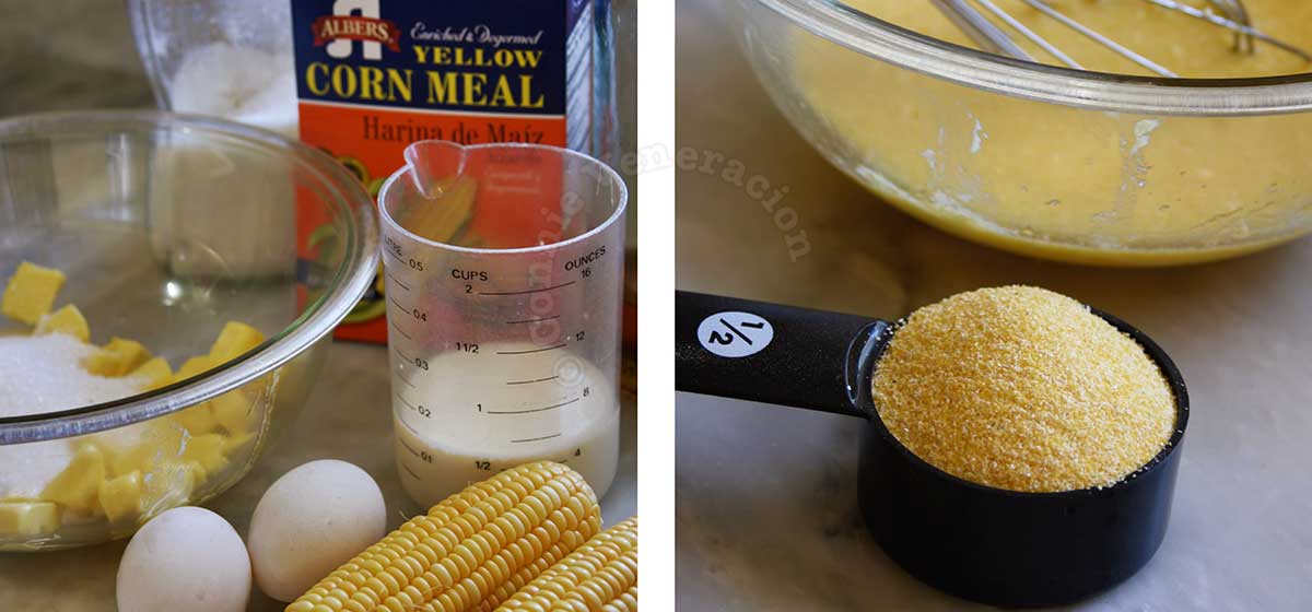 Ingredients for corns muffins a la Kenny Rogers: yellow corn meal and sweet corn