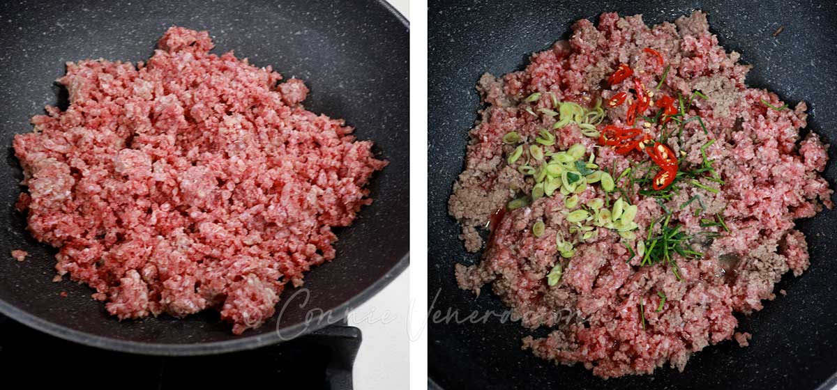 Cooking ground beef with lemongrass, kaffir lime leaves and chili