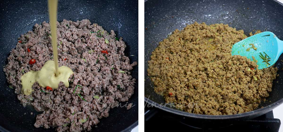 Pouring curry sauce into pan with ground beef, kaffir lime leaves, chili and lemongrass