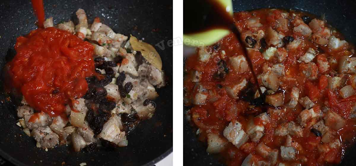 Adding diced tomatoes, raisins and a little liquid seasoning to pork in pan to cook Filipino pork menudo