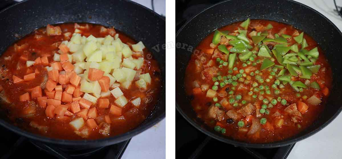 Adding carrot, potato, bell pepper and peas to Filipino pork menudo