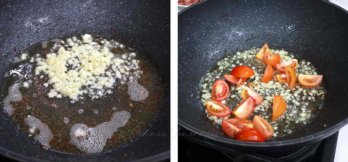 Sauteeing garlic and tomatoes in bacon fat