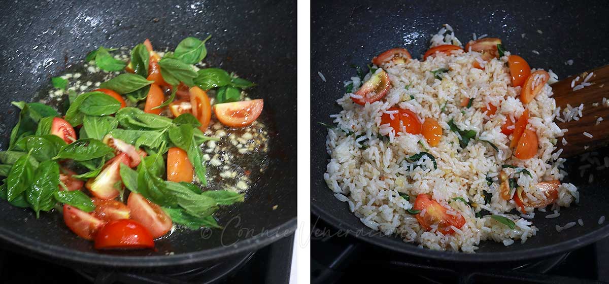 Adding basil and rice to sauteed garlic and tomatoes in pan