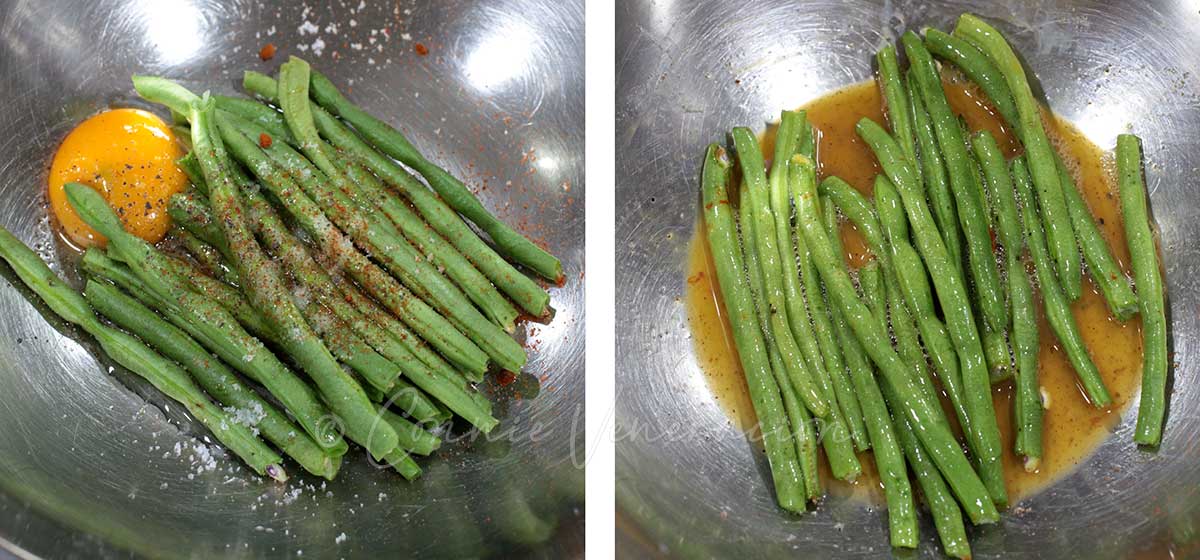 Seasoning green beans and tossing with egg