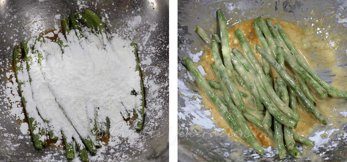 Adding corn starch to green beans to make a loose batter